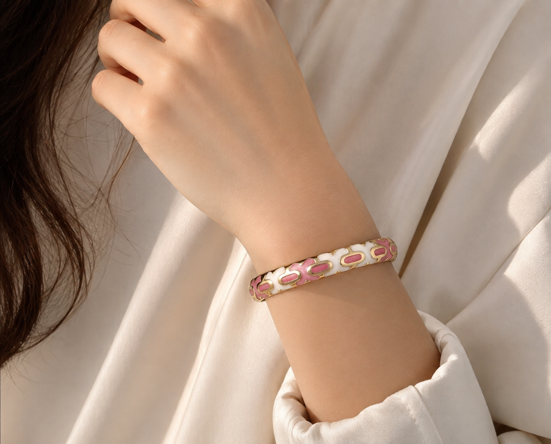 Pink &amp; White Enamel Bangle
