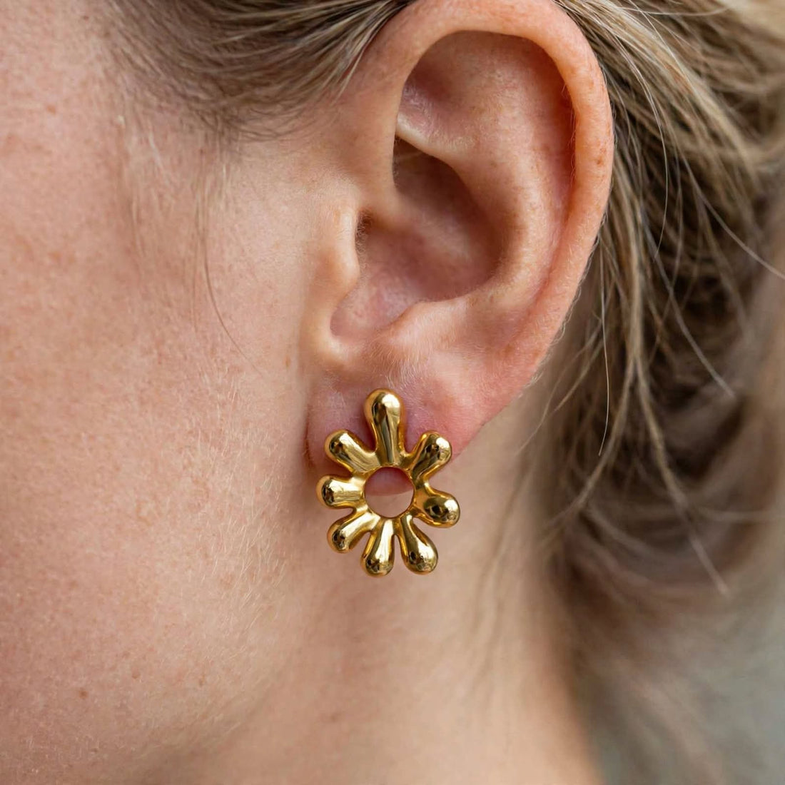 Puffy Flower Stud Earrings - Golden Bloom