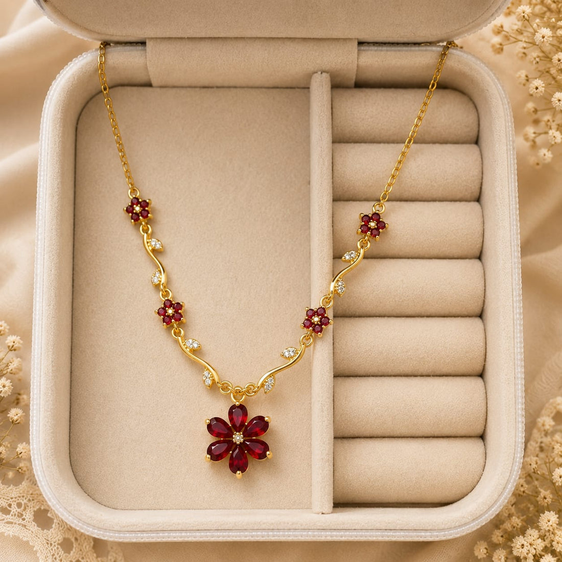 Scarlet Garden Necklace – Stainless Steel Chain with Gold-Plated Flower Charm