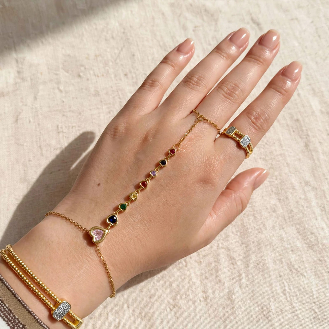 Rainbow Heart Hand Chain - Multicolor Zircon
