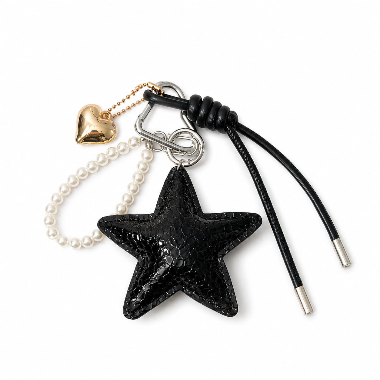 Black Star &amp; Pearl Heart Charm Keychain