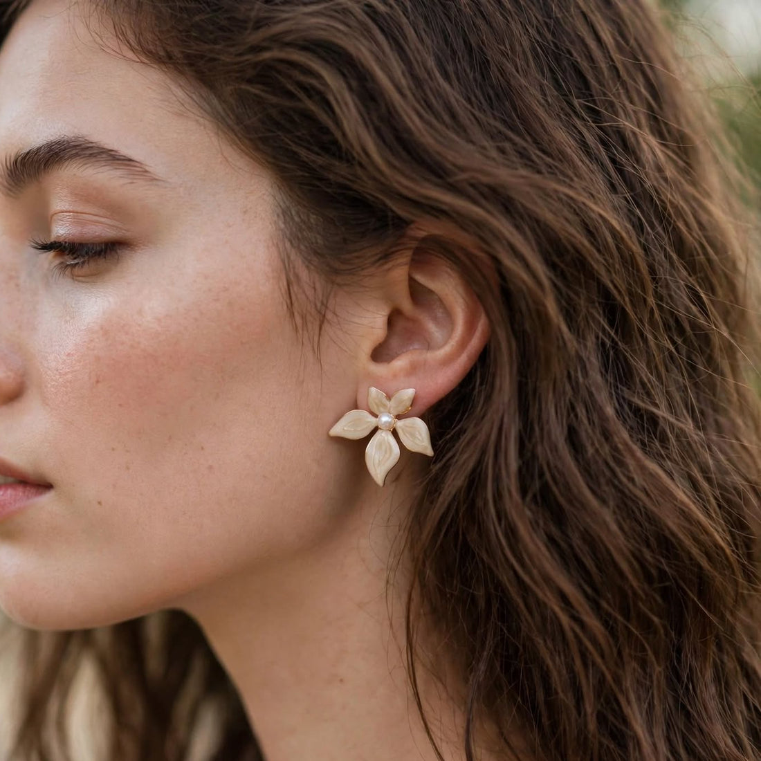 Ivory Bloom Studs – Beige Flower with Pearl