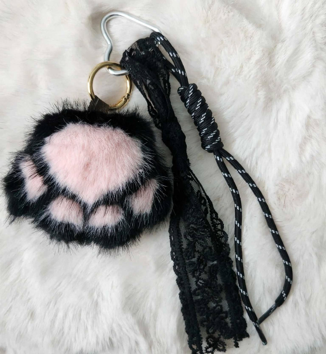 Midnight Kitty Paw Bag Charm – Fluffy Black &amp; Baby Pink Faux Fur Paw with Black Lace Tassel