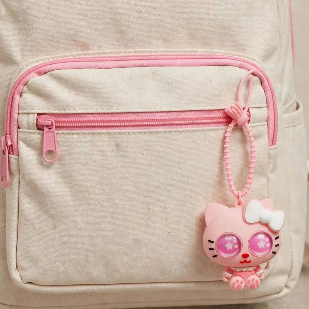 Dreamy Kitty Sparkle Backpack Charm - Glitter Eyes Pink Keychain