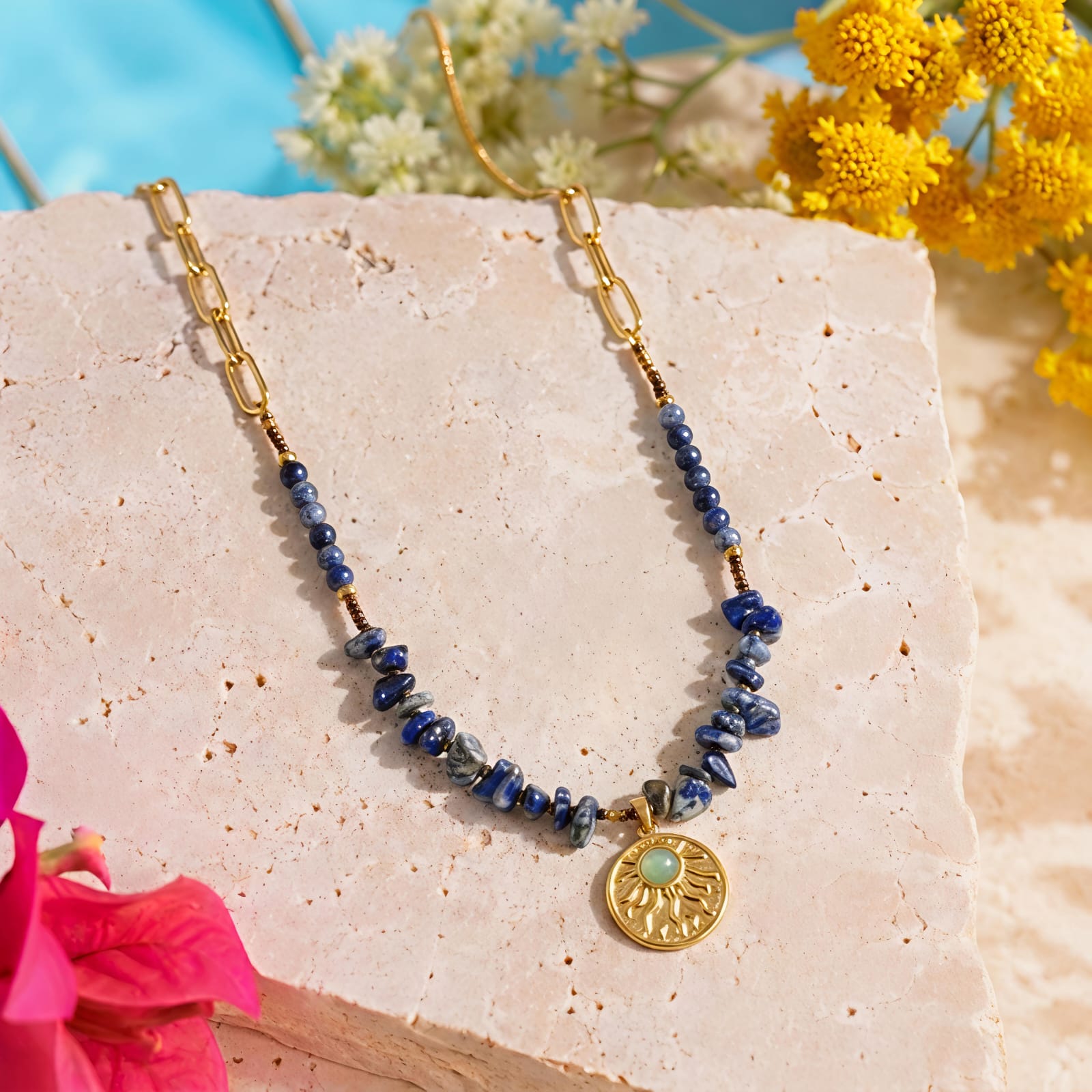 Lapis sun charm necklace