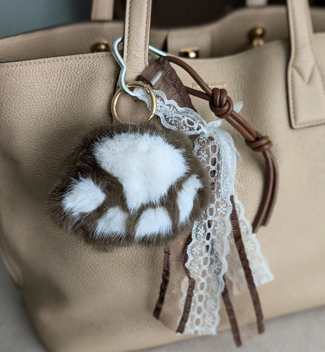 Cozy Paw Bag Charm – Fluffy Faux Fur Dog Paw with Lace &amp; Brown Ribbon Tassels