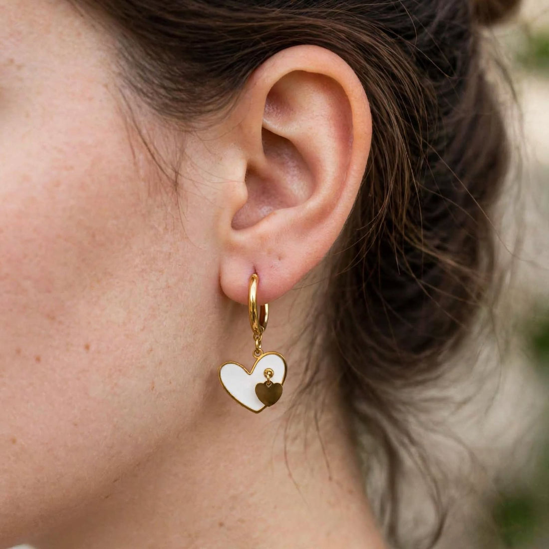 Double Heart Drop Huggie Earrings - White &amp; Gold