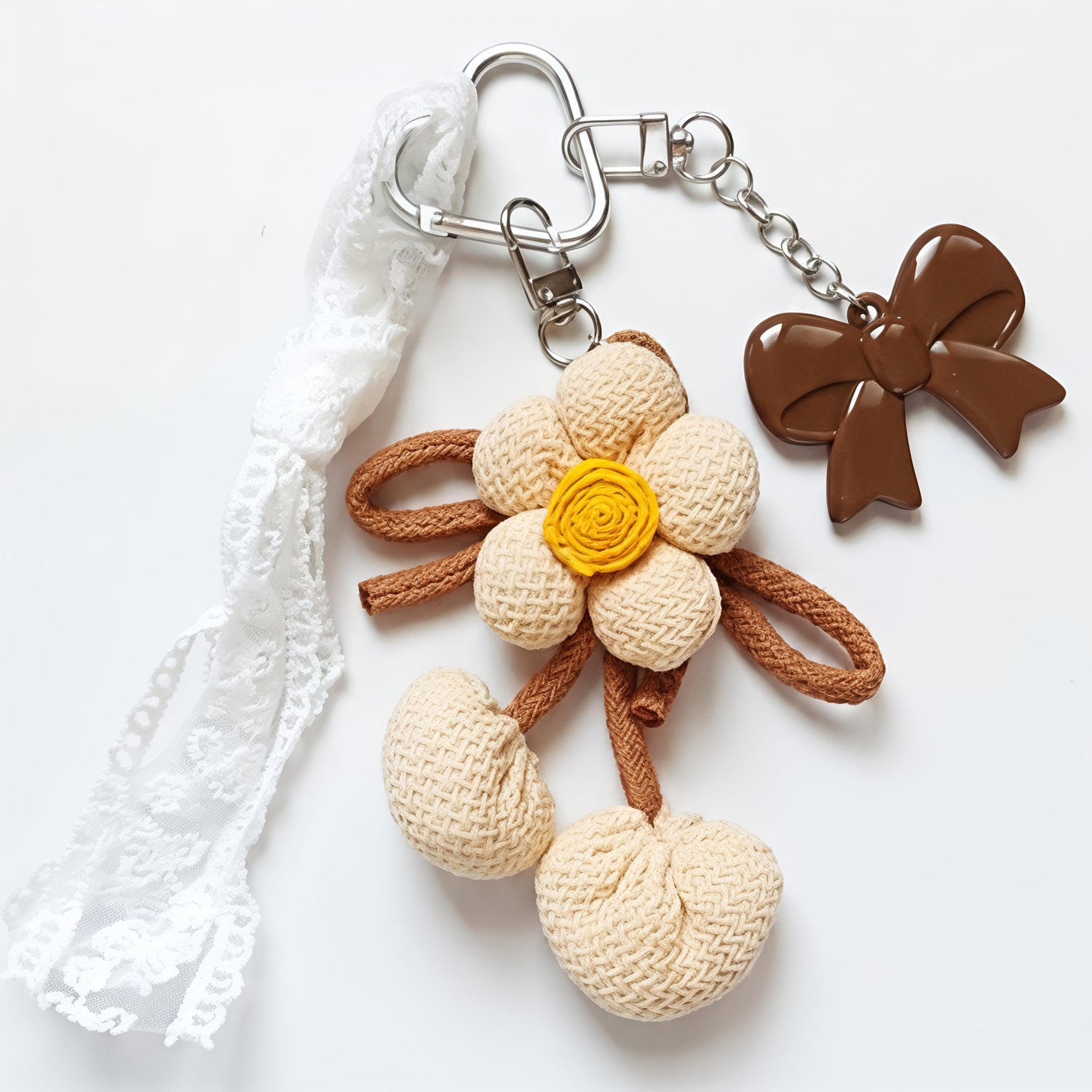 Beige Fabric Flower Charm with Bow &amp; Ribbon