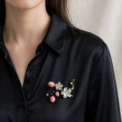 Sakura Bloom Branch Brooch - Pink Bud &amp; Iridescent White Flower Pin