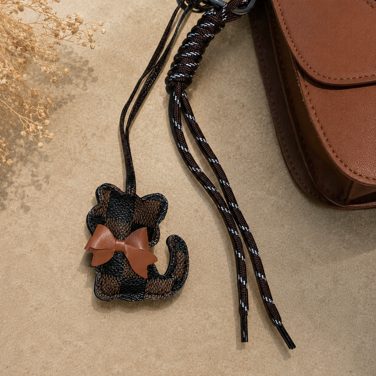 Brown Checkered Cat Bag Charm