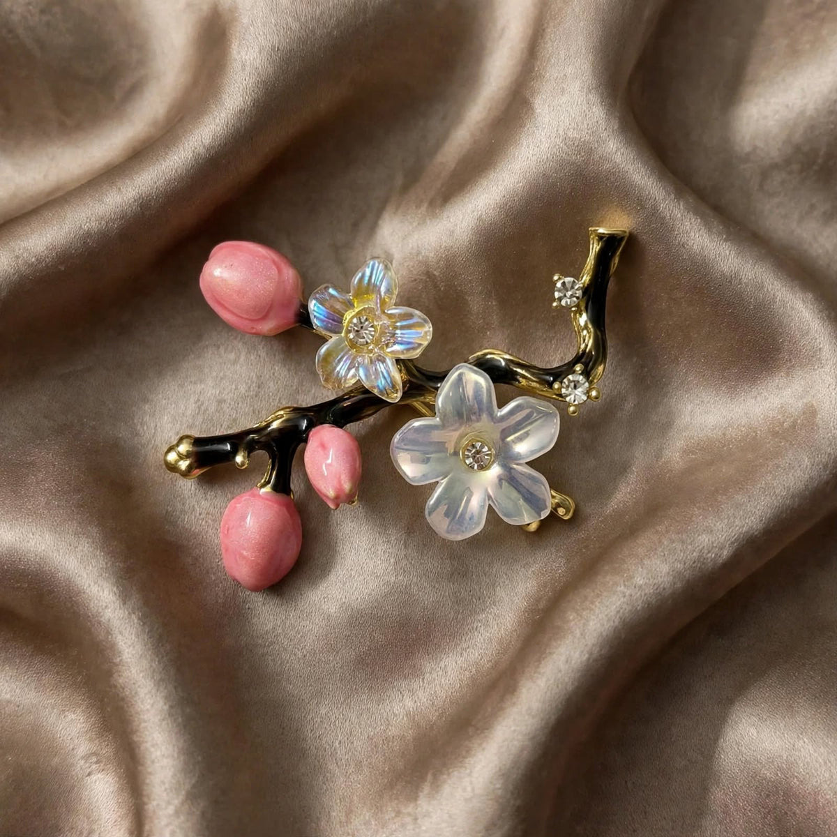 Sakura Bloom Branch Brooch - Pink Bud &amp; Iridescent White Flower Pin