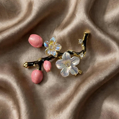 Sakura Bloom Branch Brooch - Pink Bud &amp; Iridescent White Flower Pin