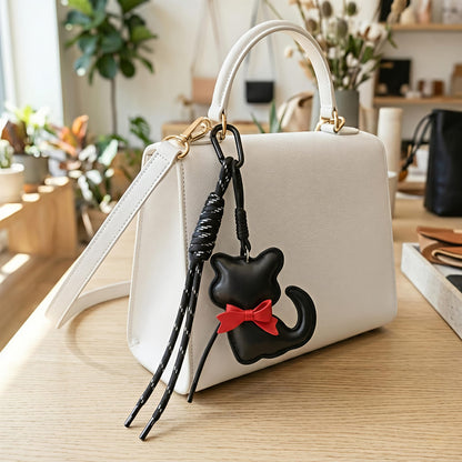 Black Cat Bag Charm with Red Bow