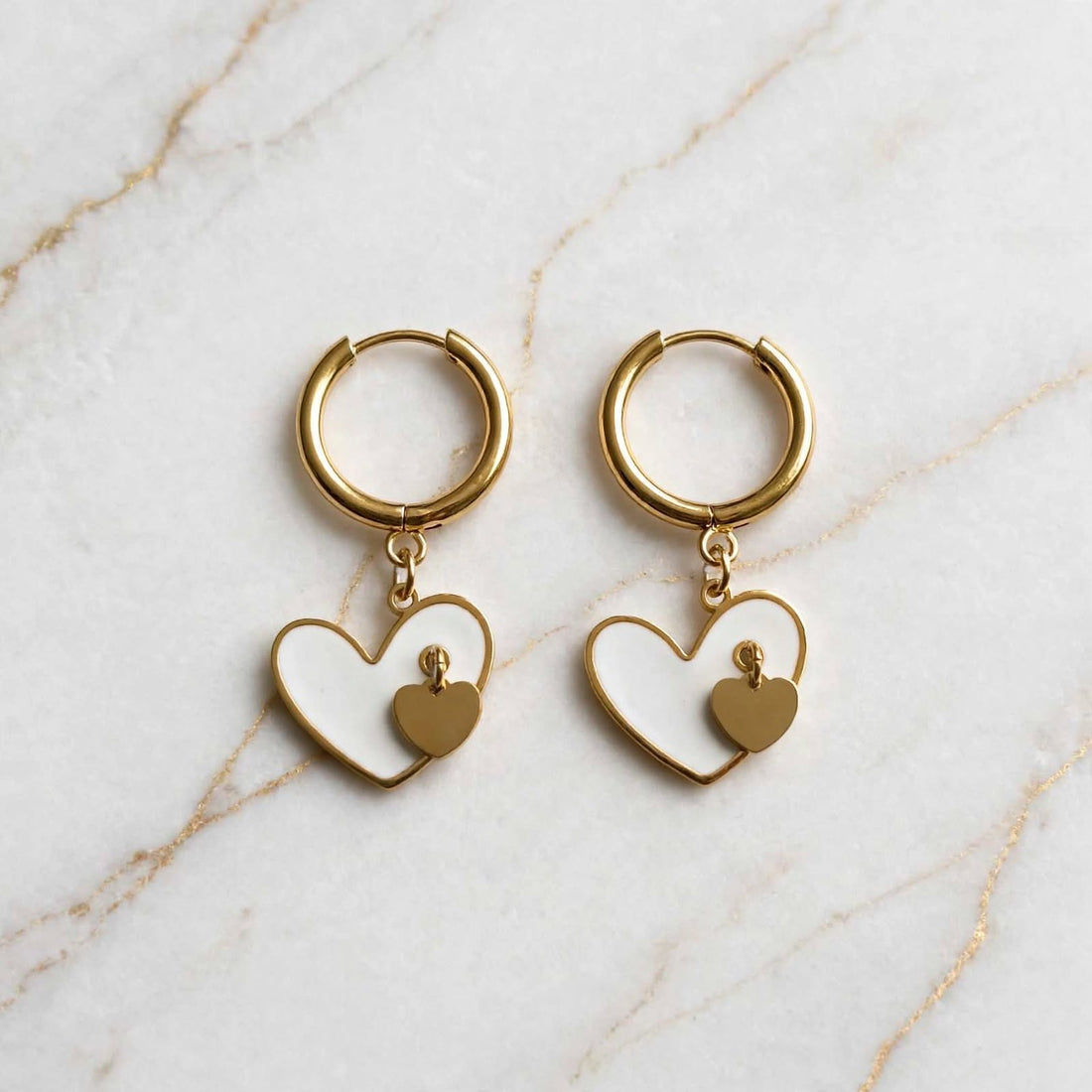 Double Heart Drop Huggie Earrings - White &amp; Gold