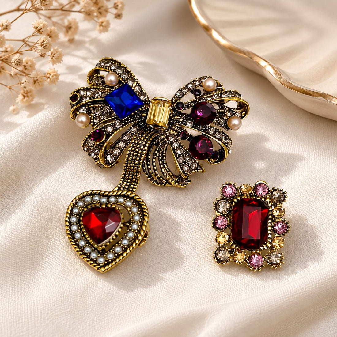 Crimson Bow &amp; Heart Duo Brooch Set