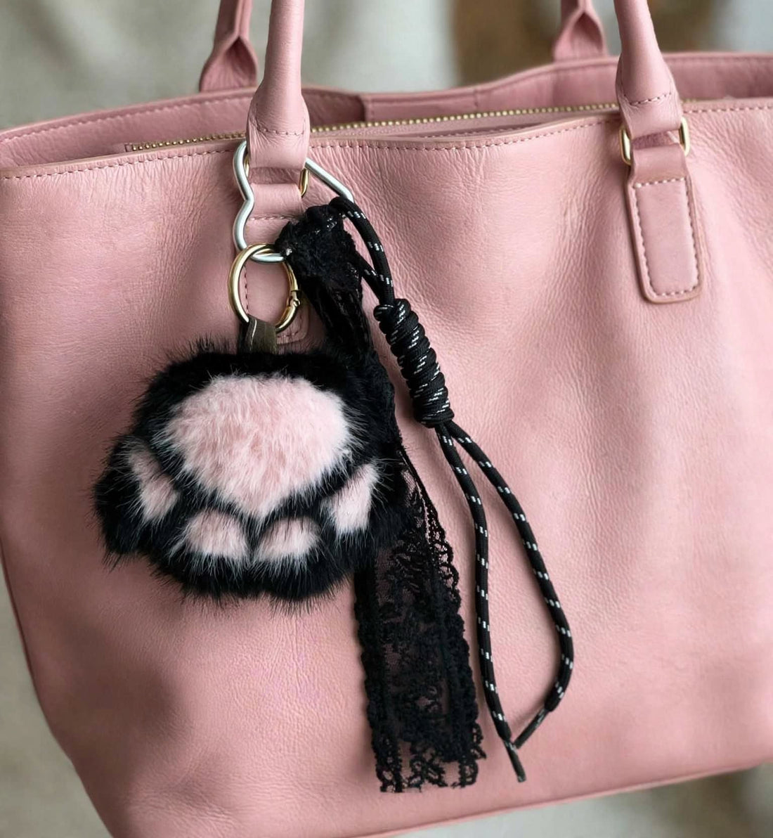 Midnight Kitty Paw Bag Charm – Fluffy Black &amp; Baby Pink Faux Fur Paw with Black Lace Tassel