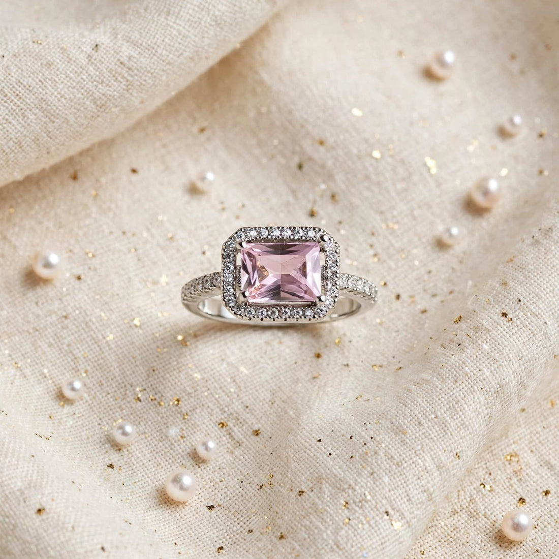 Blush Halo – Pink Emerald-Cut Ring