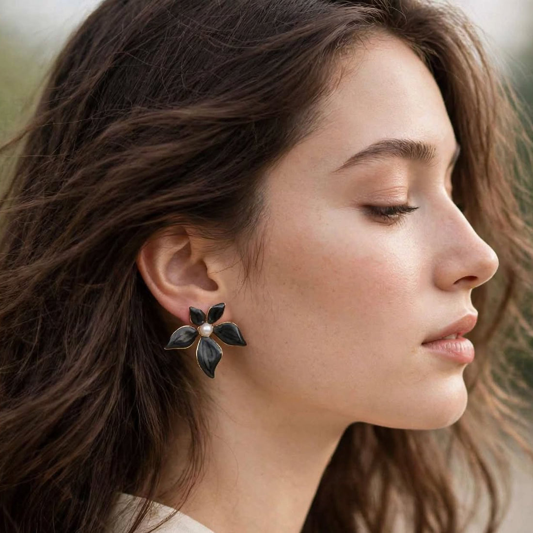 Midnight Bloom Studs – Black Flower with Pearl