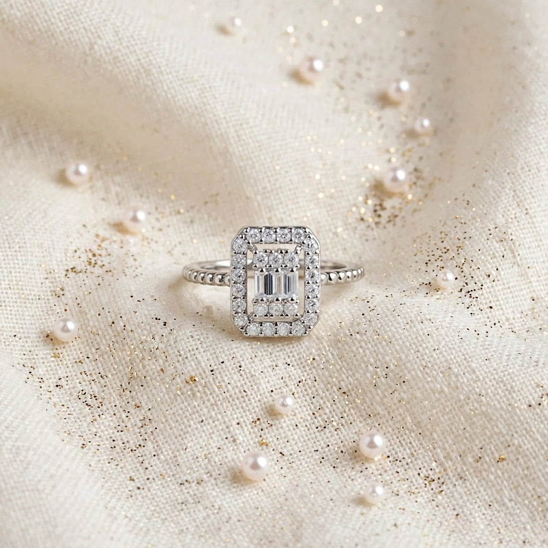 Diamond Royale – Double Halo Emerald Baguette Ring