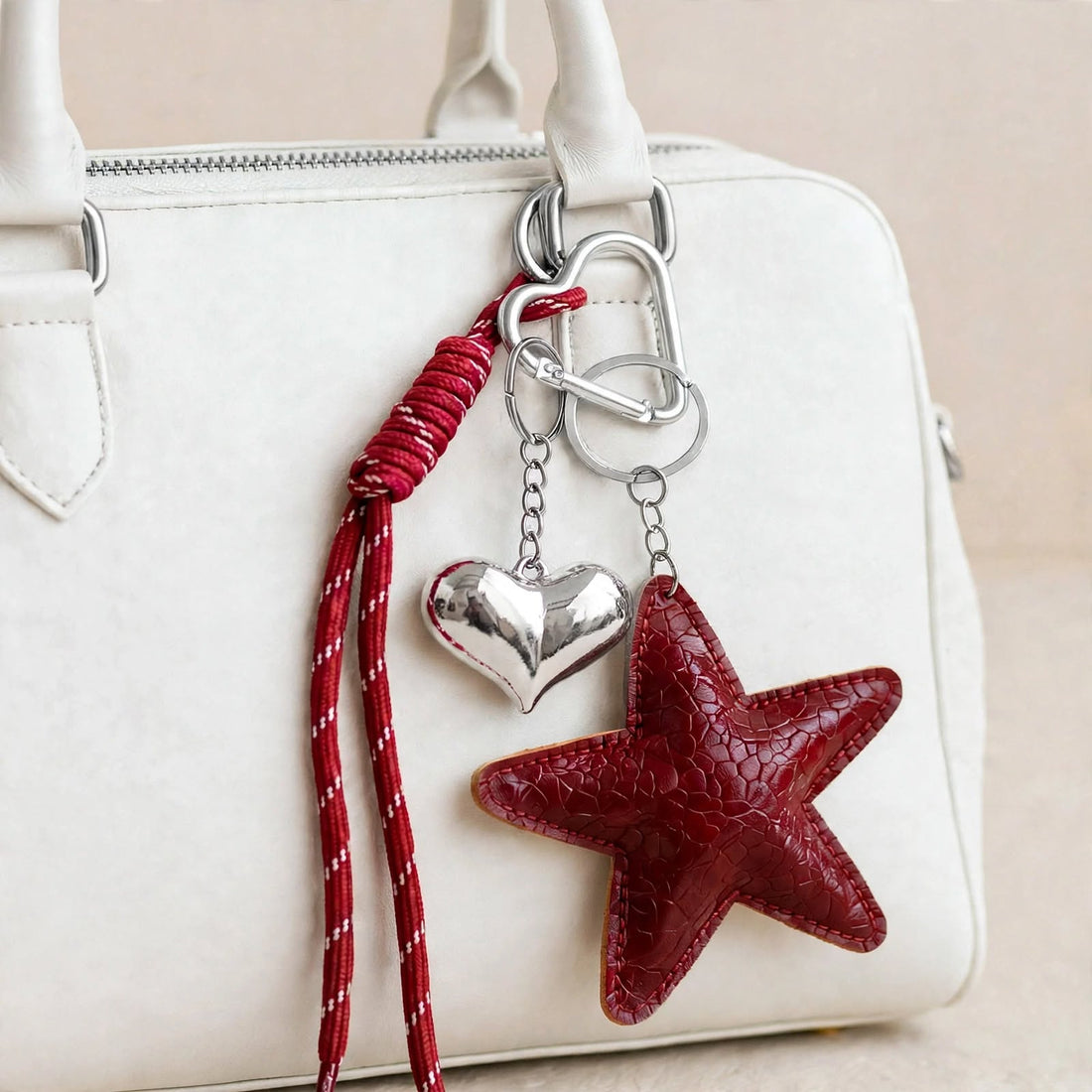 Cherry Starlight Bag Charm – Red Croc Leather with Silver Heart