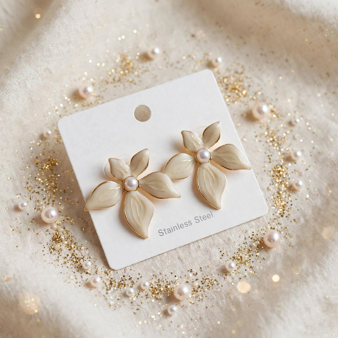 Ivory Bloom Studs – Beige Flower with Pearl
